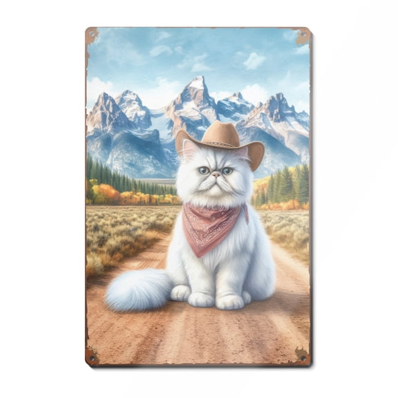 Welcome Fall Western Cowboy Persian Enjoys Majestic Autumn Vertical Metal Aluminum Sign Cat Lover Kitten Owner Gifts Wall Art Home Decor - 01007