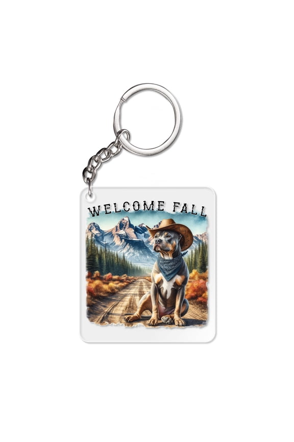 Welcome Fall Western Cowboy Pitbull Enjoys Majestic Autumn Acrylic Keychain Terrier Dog Lover Collar Charm Tag Keyring - 01007