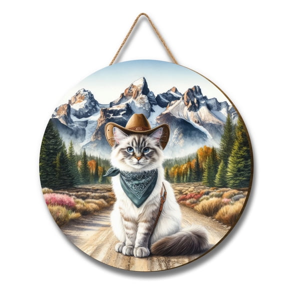 Welcome Fall Western Cowboy Ragdoll Enjoys Majestic Autumn Round Wood Sign Cat Lover Kitten Owner Gifts Idea Hanging Wall Home Decor - 01007