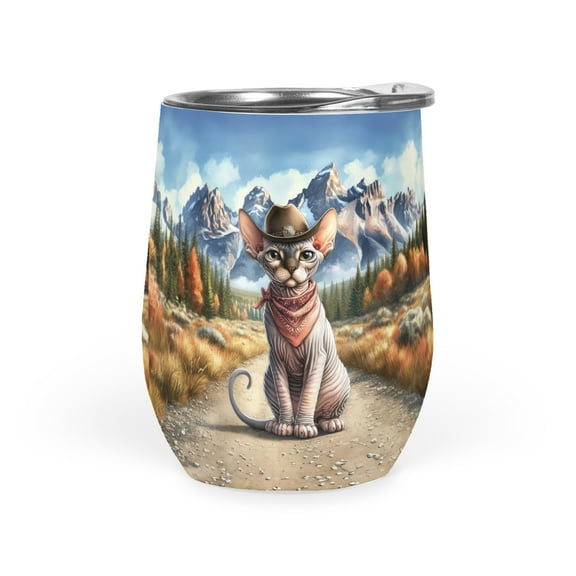 Welcome Fall Western Cowboy Sphynx Enjoys Majestic Autumn 12oz Stainless Steel Wine Tumbler Insulated Cup with Lid Cat Lover Kitten Owner Gifts Idea - 01007