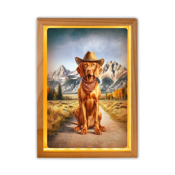 Welcome Fall Western Cowboy Vizsla Enjoys Majestic Autumn Acrylic Plaque with Wood Photo Frame Box Vizslas Dog Lover Gifts Idea Light Box - 01007