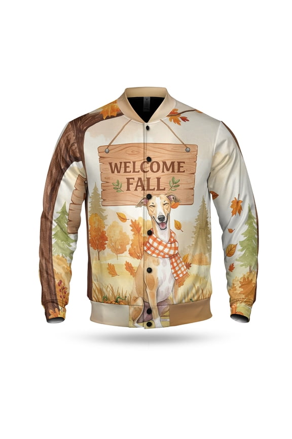 Welcome Fall Whippet Cozy Autumn Field Pumpkins Golden Leaves All Over Print 3D Baseball Jacket Dog Lover Bomber Jacket Softball - 12013