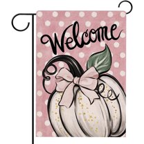 Welcome Fall White Pumpkin Garden Flag Double Sided, Autumn Pink Bow Polka Dots Decorative Yard Outdoor Home Small Decor, Thanksgiving Burlap Farmhouse Outside House Decoration 12.5 x 18