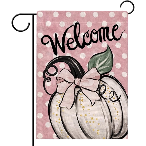 Welcome Fall White Pumpkin Garden Flag Double Sided, Autumn Pink Bow Polka Dots Decorative Yard Outdoor Home Small Decor, Thanksgiving Burlap Farmhouse Outside House Decoration 12.5 x 18