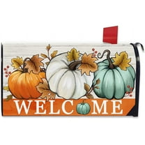 Welcome Fall White Teal Pumpkin Mailbox Cover Magnetic Standard Size 21" x 19", Autumn Seasonal Decorative Post Letter Box Decor, Thanksgiving Farmhouse Rustic Garden Yard Outdoor Decoration