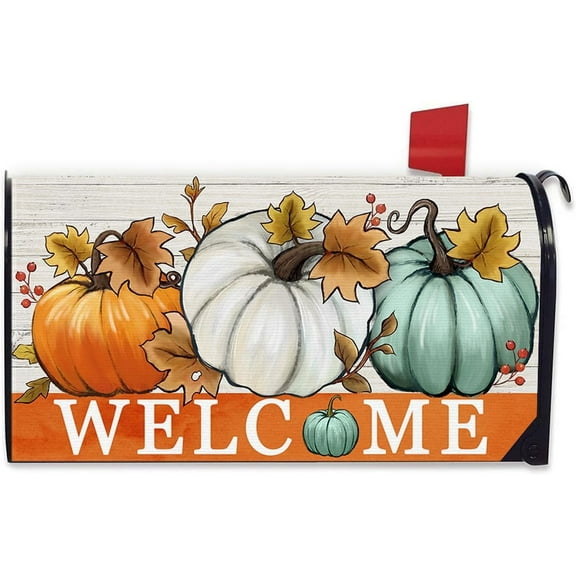 Welcome Fall White Teal Pumpkin Mailbox Cover Magnetic Standard Size 21" x 19", Autumn Seasonal Decorative Post Letter Box Decor, Thanksgiving Farmhouse Rustic Garden Yard Outdoor Decoration
