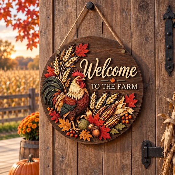 Welcome Fall Wooden Door Sign, Farmhouse Rooster Harvest Porch Decoration for Country Hosts