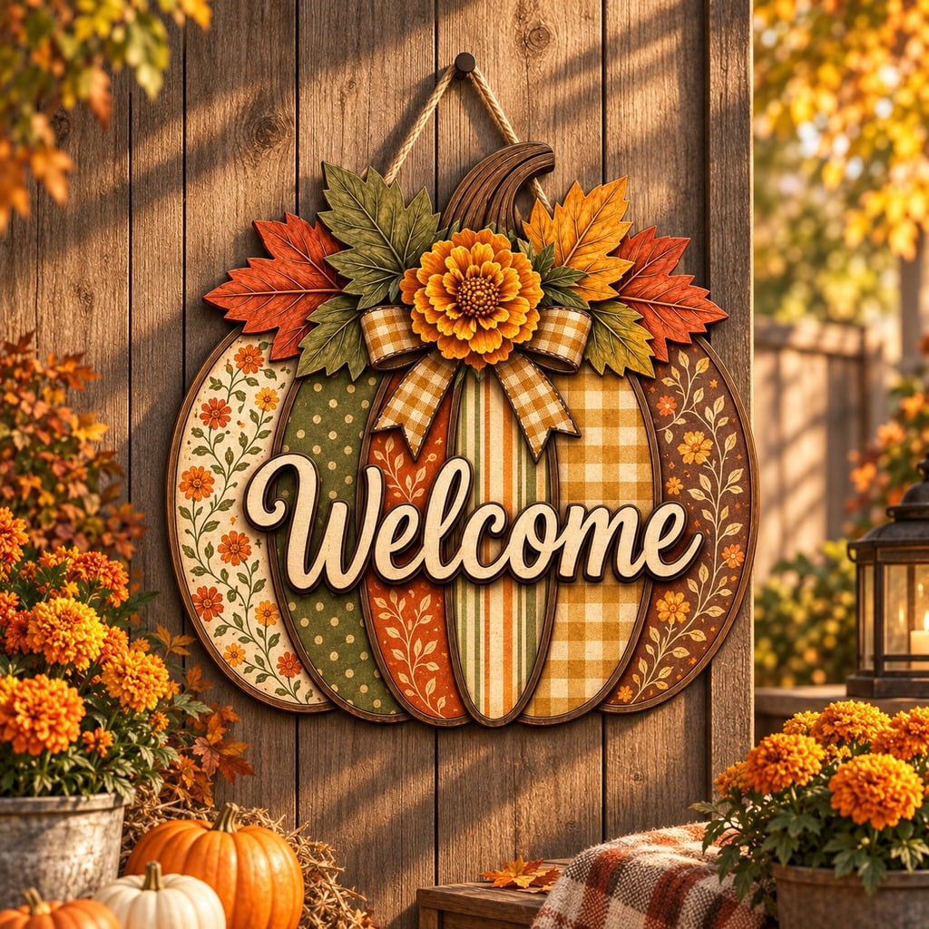 Welcome Fall Wooden Door Sign, Marigold Harvest Pumpkin Entryway Accent ...