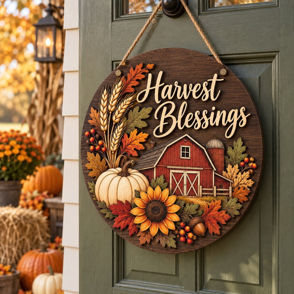 Welcome Fall Wooden Door Sign, Rustic Red Barn Harvest Blessings with ...