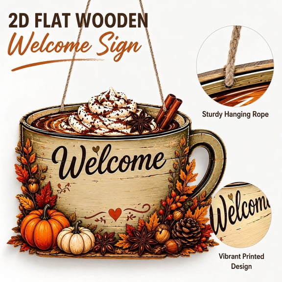 Welcome Fall Wooden Hanging Sign, Coffee Cup Shaped Front Door Plaque, Autumn Harvest Wall Decor With Pumpkin Maple Leaf, Thanksgiving Halloween Porch Hanging Ornament