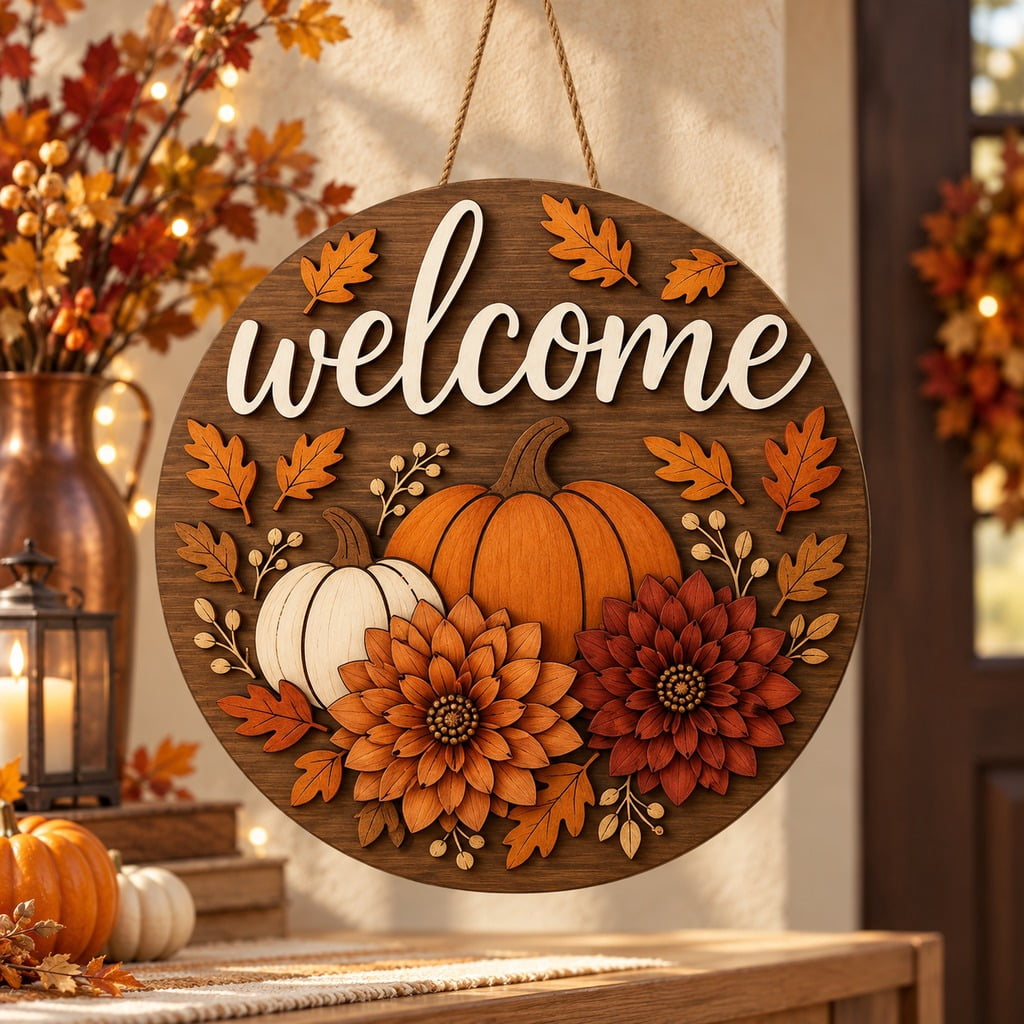Rustic Fall Gate Welcome Fall Wooden Sign, Pumpkin and Dahlia Door Hanging for Rustic ...
