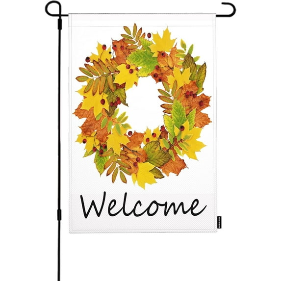 Welcome Fall Wreath Garden Flag Double Sided Colored Orange Autumn Maple Leaves Rowan Berries Lawn Banners for Indoor Outdoor Courtyard Decoration 12x 18 Inch