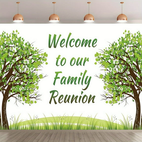 "Welcome to Our Family Reunion" Backdrop Banner - Green Tree and Grass Design, Polyester, Easy Hanging for Indoor/Outdoor Use - Ideal for Birthday, Anniversary, Wedding Party Decorations