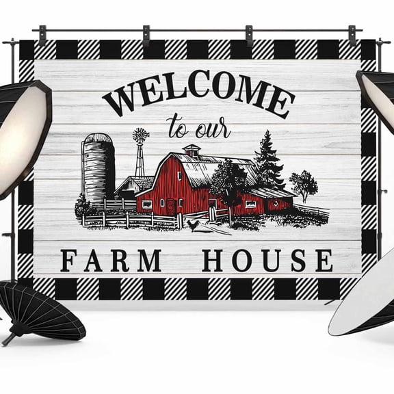 Welcome to Our Farm House Backdrop for Photography, Red Barn Vintage Black White Plaid Wood Grain Photo Backdrop Portrait Background Party Banner Photo Backgrounds for Studio Booth Props, 10x8ft