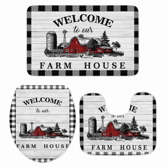 Welcome to Our Farm House Bathroom Rugs Set Red Barn Vintage Black White Plaid Wood Grain Non Slip Absorbent Soft Bath Mats 3 Piece Set, U-Shaped Floor Mat, Toilet Seat Cover Small Size