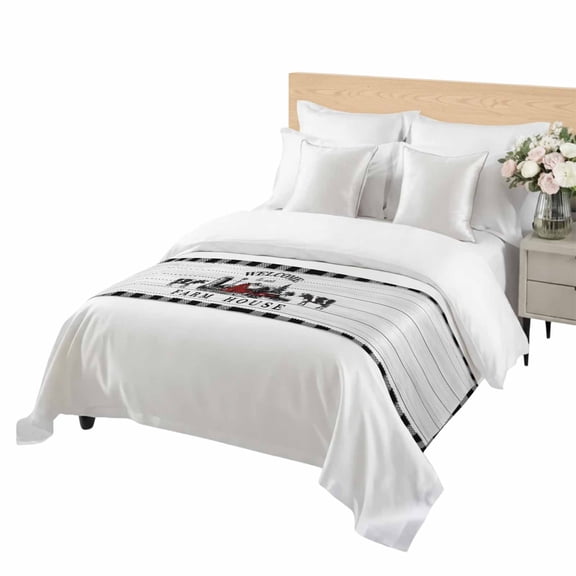 Welcome to Our Farm House Bed Runner Cal King Size Red Barn Vintage Black White Plaid Wood Grain Soft Bed Scarf for Foot of Bed, Decorative Bedding Scarf Protection for Home Bedroom 102 x 20 Inch