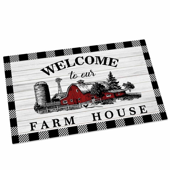 Welcome to Our Farm House Door Mat 16x24 Inch Red Barn Vintage Black White Plaid Wood Grain Entryway Rug with Non-Slip Rubber, Front Door Rug Indoor Floor Mats for Living Room Bathroom Bedroom