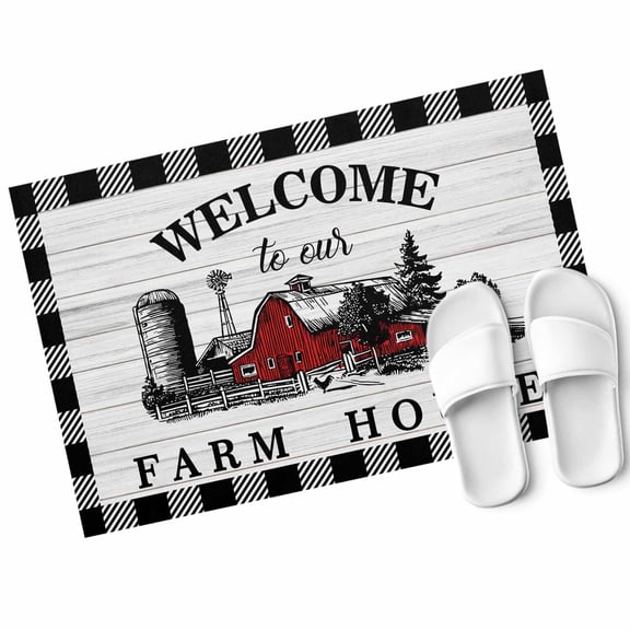 Welcome to Our Farm House Door Mat Red Barn Vintage Black White Plaid Wood Grain Non Slip Absorbent Entrance Mat Washable Low Profile Indoor Doormat for Front Door Entryway Entry 20"x31"
