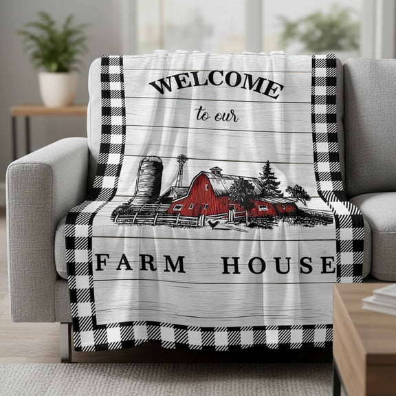Welcome to Our Farm House Fleece Throw Blanket Red Barn Vintage Black White Plaid Wood Grain Ultra Soft Fuzzy Cozy Flannel Throw Blanket for Couch Sofa Bed Car Travel, Ideal Gifts 30x40 Inches