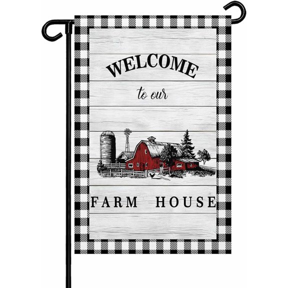 Welcome to Our Farm House Garden Flag 12x18 Inch Red Barn Vintage Black White Plaid Wood Grain Double Sided Yard Flags for Outdoor Decoration Welcome Flag Outside Home Garden Porch lawn Patio Sign