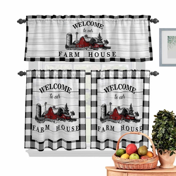 Welcome to Our Farm House Kitchen Curtains Valances 3 Piece Set, Red Barn Vintage Black White Plaid Wood Grain Rod Pocket Tier Curtain & Valance Drapes for Small Window 24 Inch Length for Bedroom