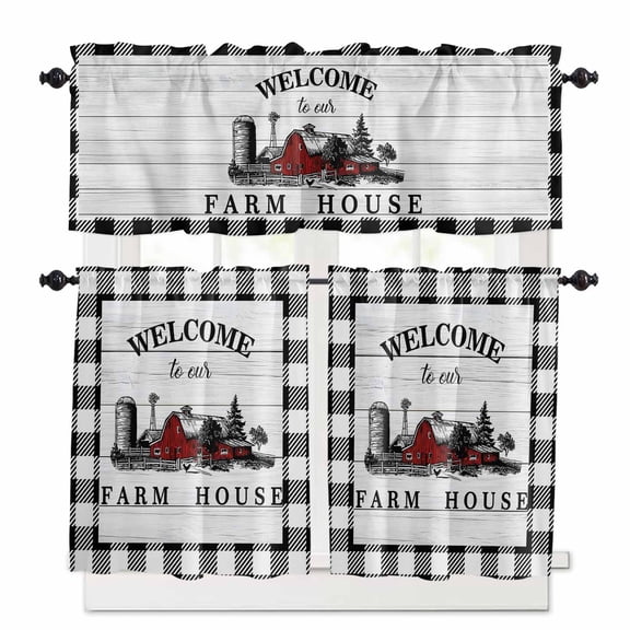 Welcome to Our Farm House Kitchen Curtains Valances and Tiers Set of 3, 24 Inch Length Tier Curtains and Valance Rod Pocket Valance Curtains Set for Kitchen Bathroom Small Windows
