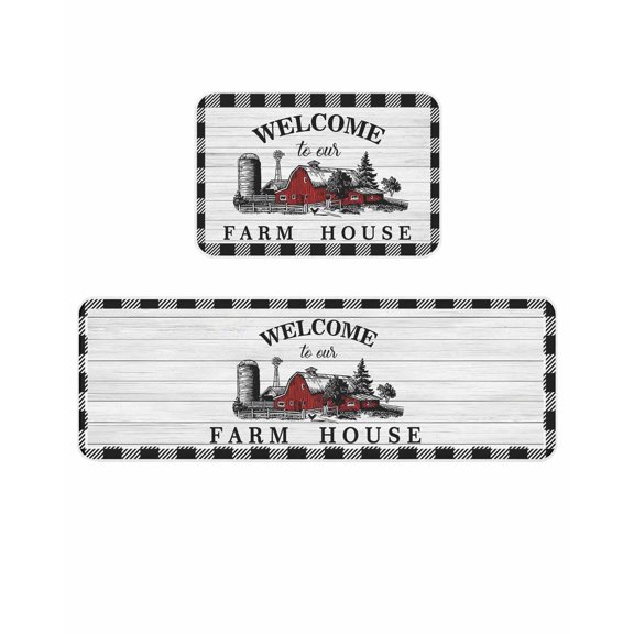 Welcome to Our Farm House Kitchen Mats for Floor 2 Piece, Red Barn Vintage Black White Plaid Wood Grain Absorbent Non-Slip Kitchen Rugs Comfort Standing Mat for Laundry 15.7"x23.6"+15.7"x47.2"