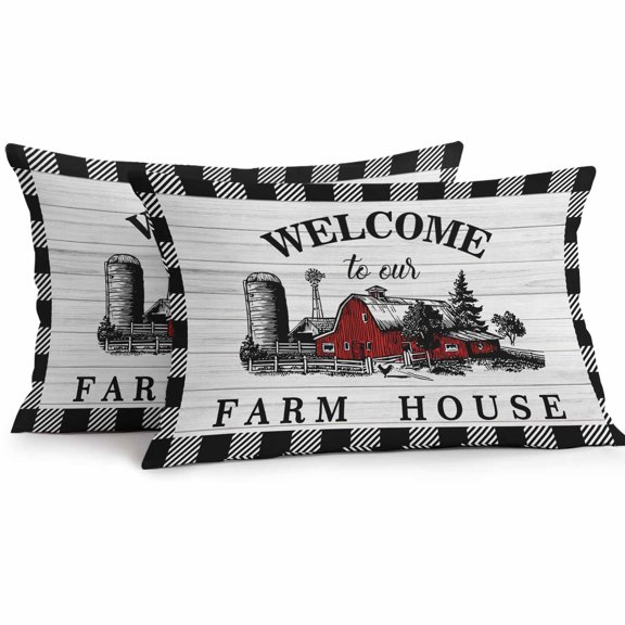 Welcome to Our Farm House Outdoor Waterproof Pillow Covers 20x12 Pack of 2 Red Barn Vintage Black White Plaid Wood Grain Decorative Outdoor Pillow Covers Square Cushion Cases for Patio Pergola Couch