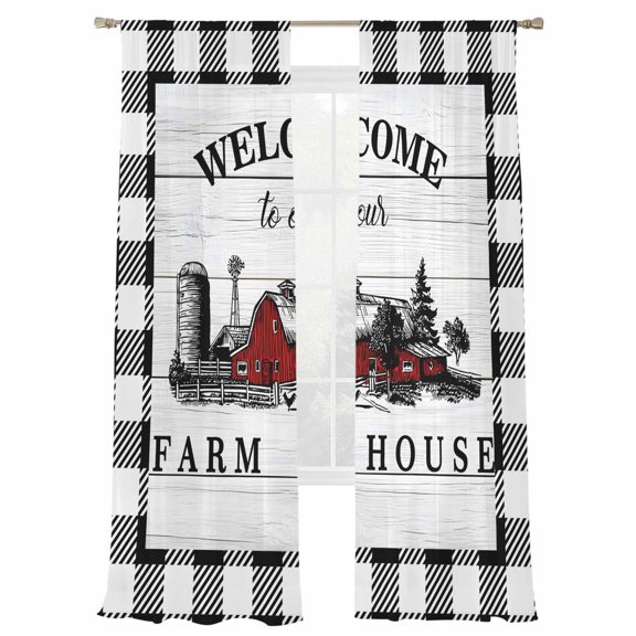 Welcome to Our Farm House Sheer Curtains 2 Panels Set Red Barn Vintage Black White Plaid Wood Grain Sheer Window Curtains Light Filtering Rod Pocket Voile Drapes for Bedroom Living Room 52"X84"