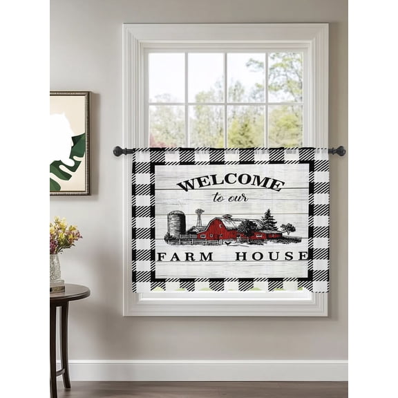 Welcome to Our Farm House Sheer Curtains 45 Inch Long 1 Panel Red Barn Vintage Black White Plaid Wood Grain Voile Cafe Curtains Light Filtering Window Treatments for Kitchen Basement 52" x 45"