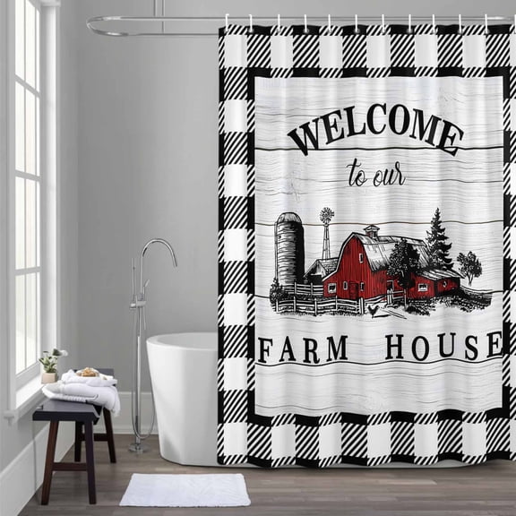 Welcome to Our Farm House Shower Curtain for Bathroom Decor, Red Barn Vintage Black White Plaid Wood Grain Waterproof Fabric Shower Curtain, 36"x72" Set with 12 Hooks