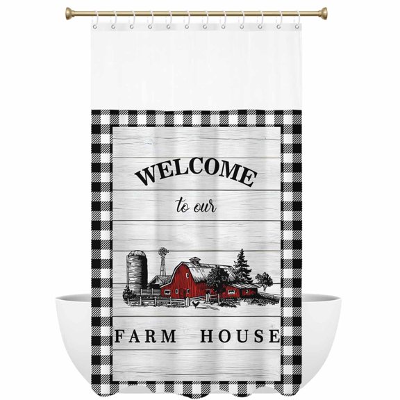 Welcome to Our Farm House Shower Curtain with See Through Top Window Red Barn Vintage Black White Plaid Wood Grain Waterproof Fabric Shower Curtains for Bathroom with Hooks Hotel Decor 60x72 inches