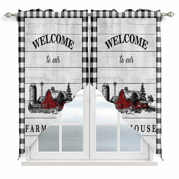 Welcome to Our Farm House Swag Valances for Windows 2 Pack Red Barn Vintage Black White Plaid Wood Grain Swag Kitchen Curtains 36 Inches Long Rod Pocket Short Window Treatment for Kitchen 28"x36"