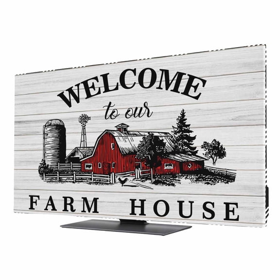 Welcome to Our Farm House TV Dust Cover 24 Inch, Red Barn Vintage Black White Plaid Wood Grain Computer Monitor Cover Dustproof Stretchable Indoor TV Screen Protector for LED LCD Universal Monitors
