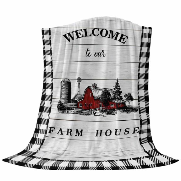 Welcome to Our Farm House Throw Flannel Blanket Red Barn Vintage Black White Plaid Wood Grain Super Soft Cozy Bed Blanket, Lightweight Plush Fuzzy Bed Throw for Bedroom Sofa Couch 30x40In,