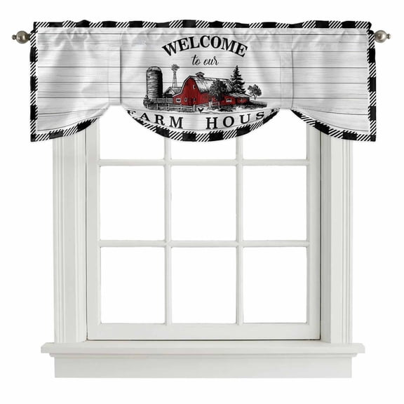 Welcome to Our Farm House Tie Up Valance for Windows Red Barn Vintage Black White Plaid Wood Grain Adjustable Curtain Valance Rod Pocket Balloon Shade Window Treatment for Kitchen Bedroom 42x12inch