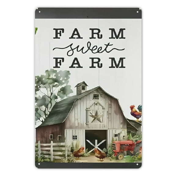 Welcome to Farm Sweet Farm Metal Sign - 12x8 Inch Rustic Barnyard Scene with Chickens & Tractor, Durable Wall Art for Autumn Yard, Lawn, Patio Decor, Seasonal Home Accent