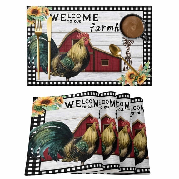 Welcome To Our Farmhouse Placemats Set of 1 Barn Chicken Sunflower Wood Grain Heat Insulation Washable Place Mats, Rustic Non-Slip Table Mats for Dining Table Party Kitchen Decor,13x19 Inch