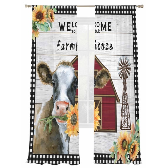 Welcome To Our Farmhouse Sheer Curtains 2 Panels Set Barn Cow Sunflower Wood Grain Sheer Window Curtains Light Filtering Rod Pocket Voile Drapes for Bedroom Living Room 52"X108"