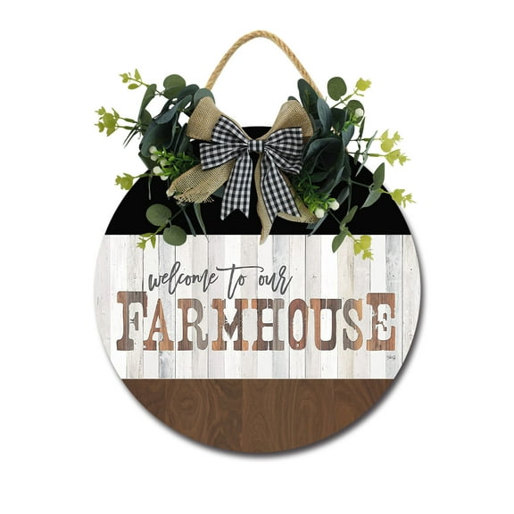 Welcome To Our Farmhouse Sign for Front Door Hanging Seasons Sign Outdoor Rustic Round Wood Wreaths Wall Decor Farmhouse Porch Wreaths Decorations Housewarming Gift
