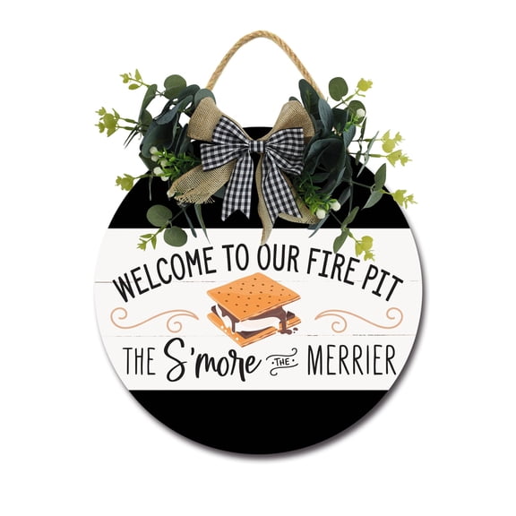 Welcome To Our Fire Pit Front Door Sign Funny Wreaths Hanging Wooden Plaque Decoration Round Rustic Wood Farmhouse Porch Decor for Home Front Door Decor, 11 x 11 Inch