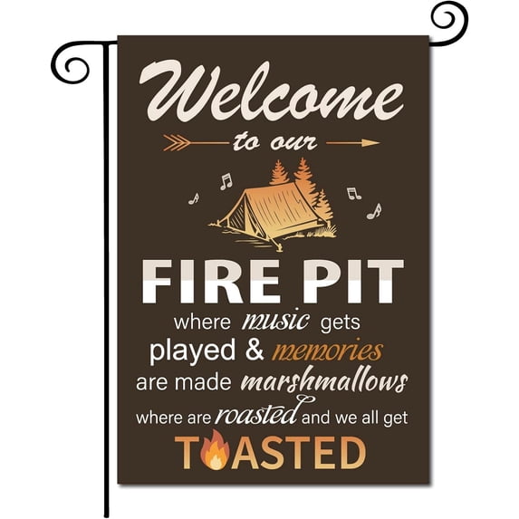 Welcome To Our Fire Pit Garden Flag Chalet Marshmallows Music Camper Yard Decoration Burlap Decor Rustic Vertical Double Sided for Garden Farmhouse House Yard Lawn Outdoor 12.5 x 18 Inch DIY