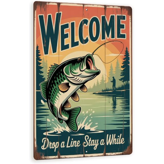 Welcome Fishing Sign  Rustic Largemouth Bass Metal Wall Art, Vintage Lake Sunset Cabin Decor, Drop A Line Stay A While Plaque 8x12