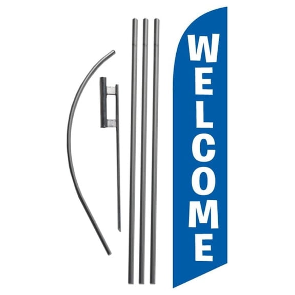 Welcome Flag Kit 15ft Blue - Advertising Feather Flag with Pole & Stake - Business Open Sign for Lawn - Durable Outdoor Display