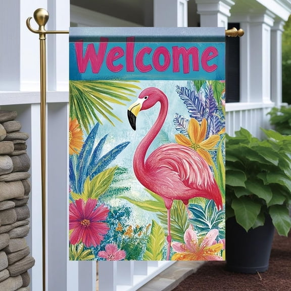 Welcome Flamingo Garden Flag 12 x 18 Inch Double Sided, Tropical Pink Flamingo Floral Yard Flag for Outdoor Porch Lawn Patio Garden Summer Decor