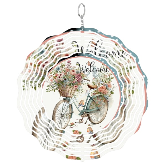 Welcome Floral Bike Spring 3D Wind Spinner, Bicycle With Flowers Kinetic Sculpture, Whimsical Garden Decor