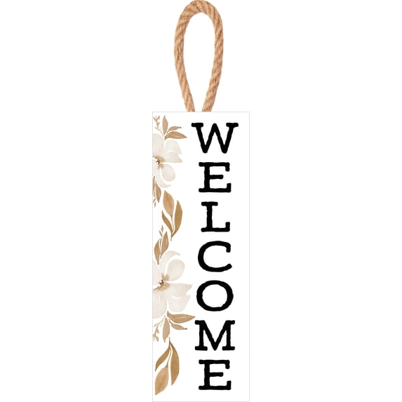 Welcome Floral Brown 10 x 4 Solid Pine Wood Decorative Vertical String Sign