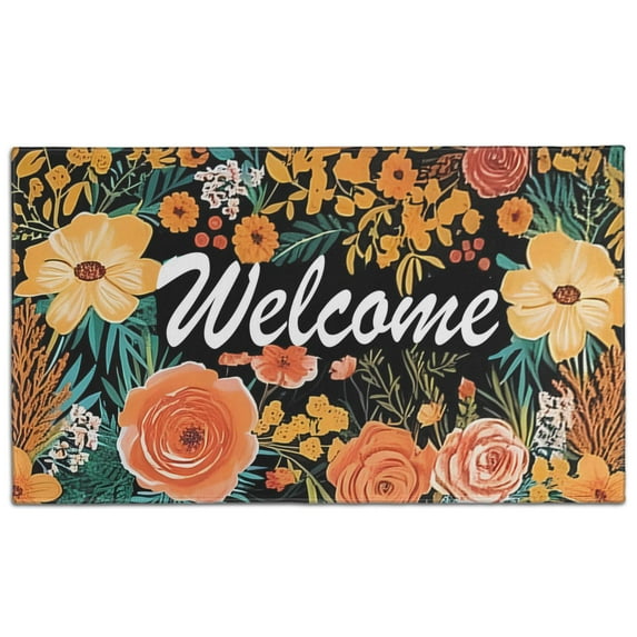 Welcome Floral Design Collection Natural Door Mats Rug Decorative Doormat Welcome Floor Mat Non Slip Washable Bathroom Kitchen Entrance Rug for Indoor Outdoor Home Decor, 17 X 30 Inch