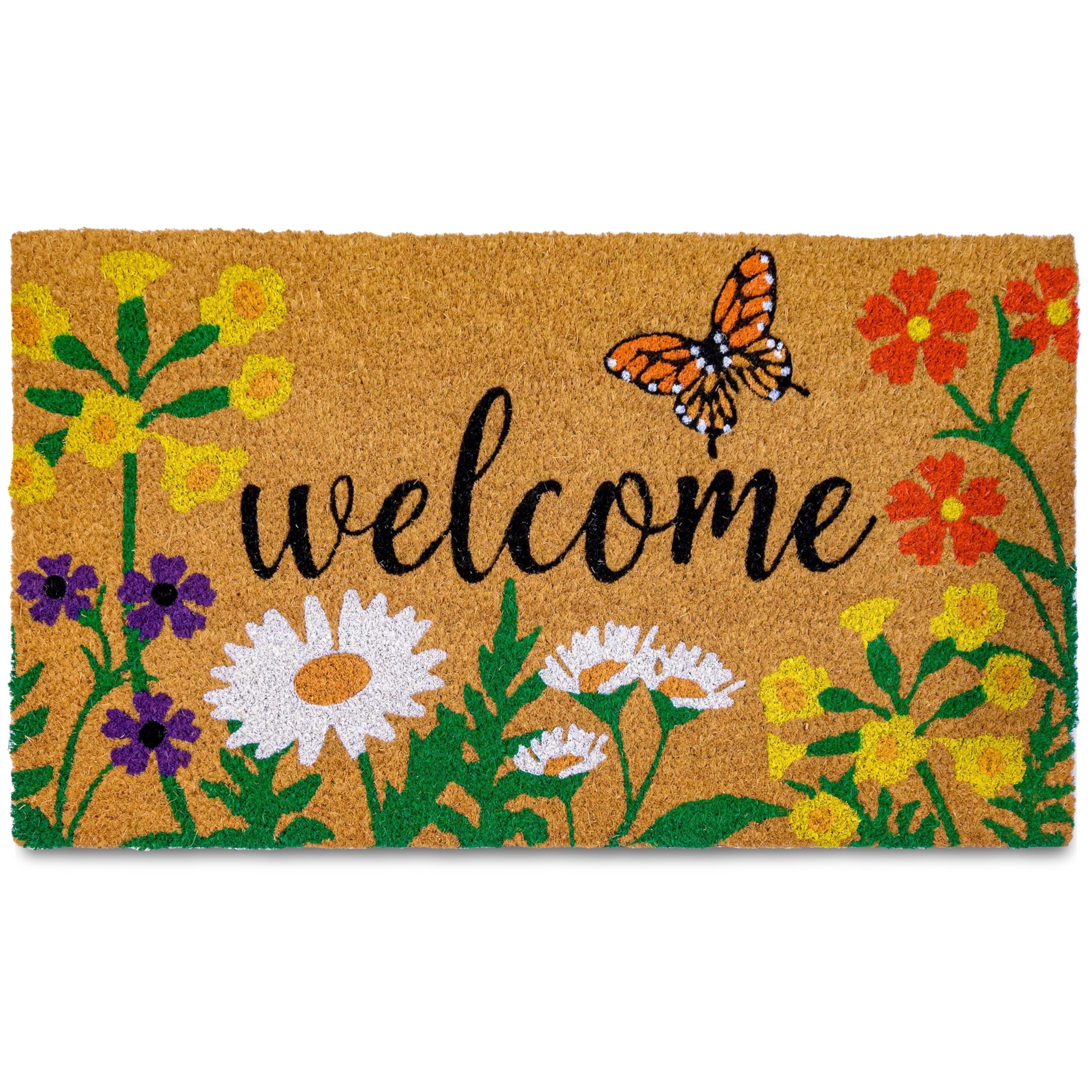 MAINEVENT Floral Coir Doormat 30x17 Inch, Spring Summer Outdoor Welcome Mat for Outside