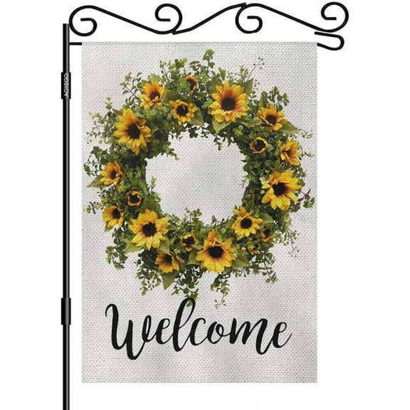 Welcome Floral Garden Yard Flag 12.5"x 18" Double Sided Polyester Round Crown(Wreath) with Yellow Chrysanthemums and Daisy Flowers House Flag Banners for Patio Lawn Outdoor Home Decor